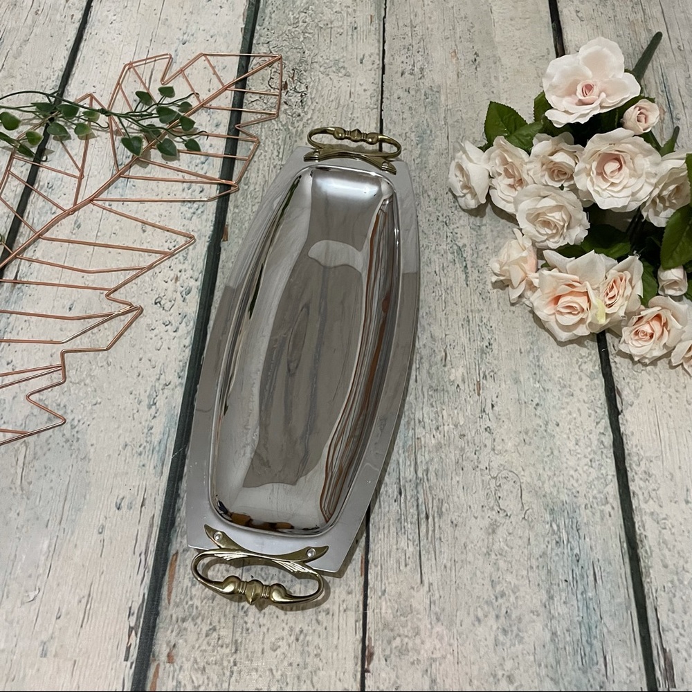 Vintage Kromex silver serving tray stainless steel gold platter decor brass
